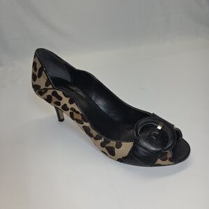 Max Studio Leopard Print Peep-toe Pumps With Leather Buckle